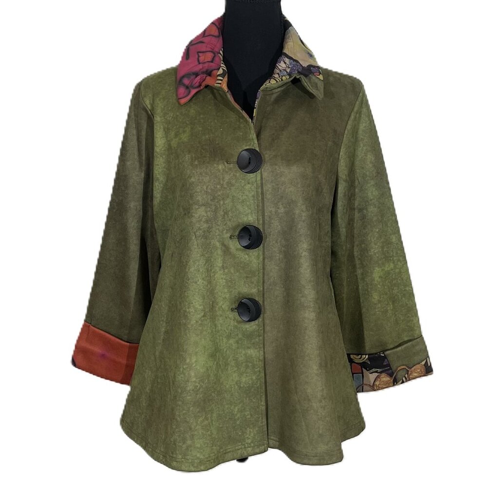 OLIVE FAUX SUEDE WITH ABSTRACT COLLAR AND CUFF 3 BUTTON JACKET